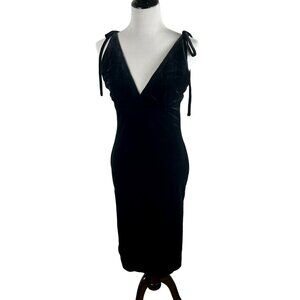 Lulus Stretch Velvet Body Con Dress Women Large Black Shoulder Ties LBD Event